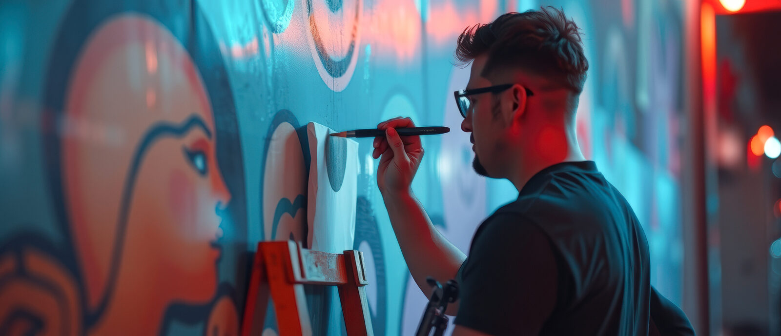Artist working on a street mural under colorful neon lights