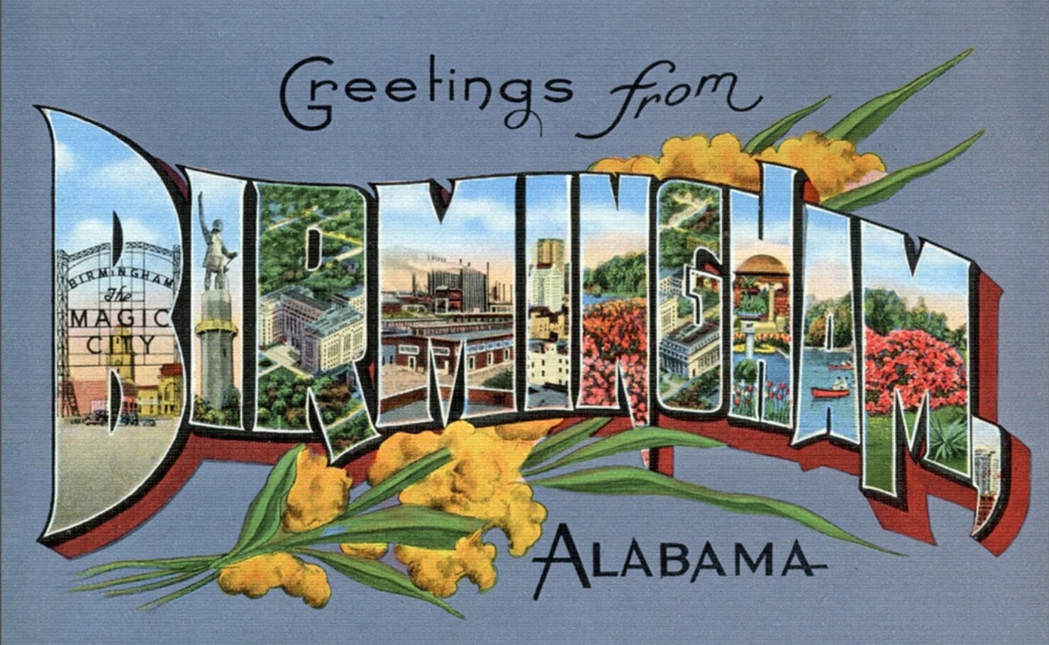Vintage postcard reading Greetings from Birmingham, Alabama